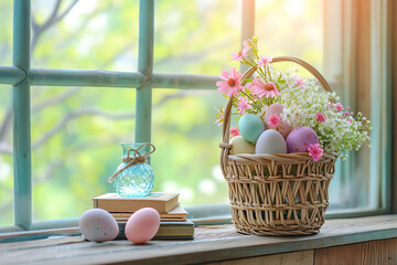 a wooden basket with easter eggs and flowers inside standing on a window sims, easter background