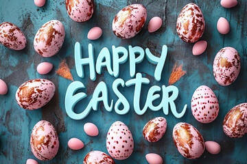 happy easter quote surrounded by pink easter eggs on a rustic blue ground, easter background