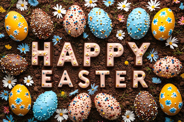 happy easter quote surrounded by easter eggs, easter background