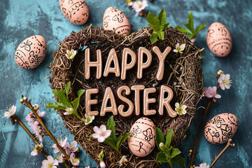 happy easter quote in a natural easter nest surrounded by easter eggs, easter background