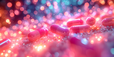 Pills vitamins drugs flying over vibrant blurred background - obrazy, fototapety, plakaty