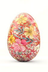 Fototapeta premium Easter concept. A large Easter egg pastel red with colorful flowers drawn on it stands isolated on a white background. Easter symbol.
