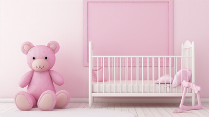 Pink nursery with crib, rocking horse and teddy bear