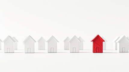 One red house uniquely positioned among rows of white houses