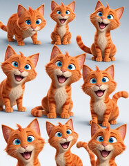 funny red cat character, blue eyes, multiple expressions and poses, character