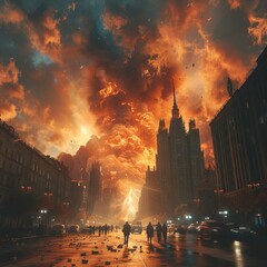 The explosion of a nuclear bomb over the city. 