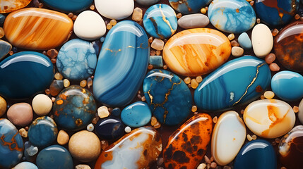 Close-up of colorful polished pebbles, close-up of stone - obrazy, fototapety, plakaty