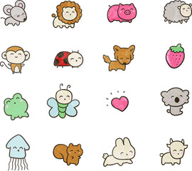 Set of cute animal icons in flat style png
