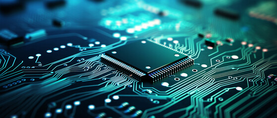 A detailed closeup of a circuit board showing various digital elements and components.