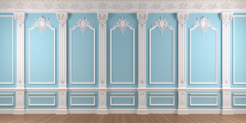 Blue and white vintage room with columns, pilasters and moldings