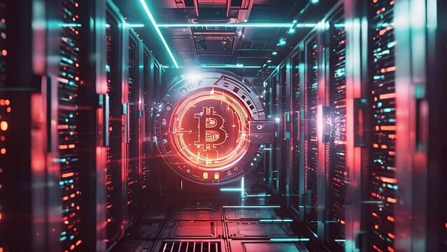 Bitcoin insurance value concept. Bitcoin digital symbol in a neon-lit server room ad caveau deposit bank shield protection for any cryptocurrency theft.  Cryptocurrency insurance illustration