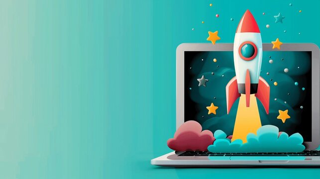 Sleek, futuristic rocket blasting off from an open laptop screen, symbolizing a dynamic and powerful concept for launching a successful startup business in the tech industry.