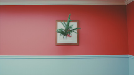 A framed plant hangs on a bright red wall.