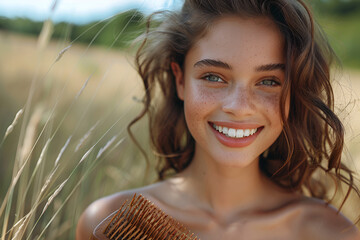 healthy beauty woman skincare teen young happiness woman smiling cheerful comb hair style bright and shine facial healthy skin outdoor shooting background - obrazy, fototapety, plakaty