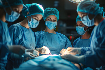 Surgeons working in operating room Plastic surgeons operating patient for breast implant. Team of doctors are in scrubs at operating room - obrazy, fototapety, plakaty