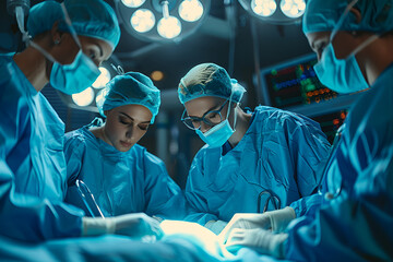 Surgeons working in operating room Plastic surgeons operating patient for breast implant. Team of doctors are in scrubs at operating room - obrazy, fototapety, plakaty