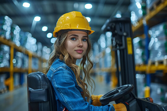 Female warehouse worker driving forklift. Warehouse worker preparing products for shipmennt, delivery, checking stock in warehouse.