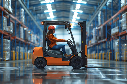 Female warehouse worker driving forklift. Warehouse worker preparing products for shipmennt, delivery, checking stock in warehouse.