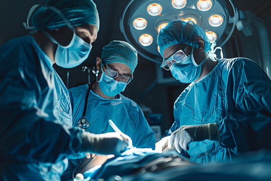 Surgeons working in operating room Plastic surgeons operating patient for breast implant. Team of doctors are in scrubs at operating room