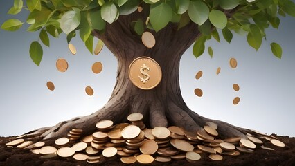 Prosperous Money Tree Showering Golden Coins Symbolizing Wealth