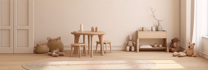Minimalist interior of a child's playroom in beige and white with wooden furniture and toys - obrazy, fototapety, plakaty