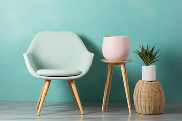 Retro mint green armchair and pink pot with plant on wooden table and wicker basket - obrazy, fototapety, plakaty