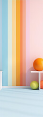 pastel colored balls on shelf with rainbow pastel striped background