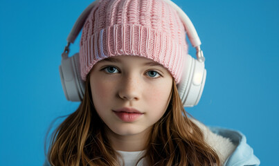 studyjne zdjęcie nastolatki w białych słuchawkach na niebieskim tle, portret i dużo tła - obrazy, fototapety, plakaty