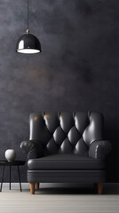 Black leather Chesterfield sofa in dark room with gray wall and floor.