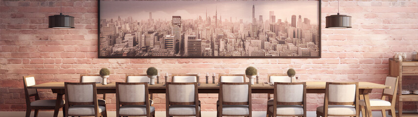 Rustic wooden table and chairs in a brick room with a sepia cityscape
