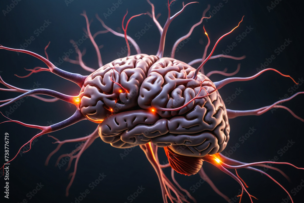 Poster Close up of human brain showing neurons firing and neural extensions - Concept for idea and brainstorming