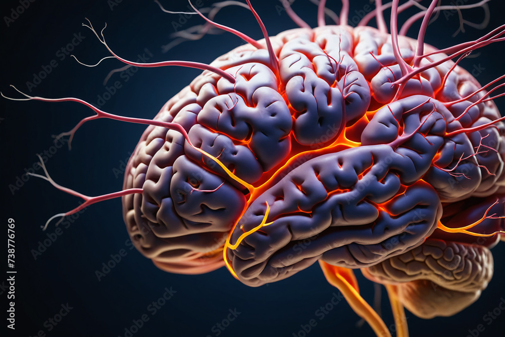 Poster Close up of human brain showing neurons firing and neural extensions - Concept for idea and brainstorming