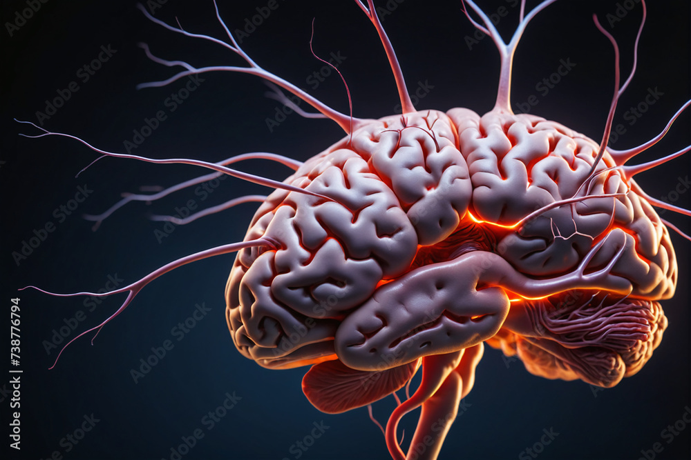 Poster Close up of human brain showing neurons firing and neural extensions - Concept for idea and brainstorming