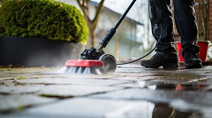 man is cleaning Driveway Using Clean Dirty Powerful	