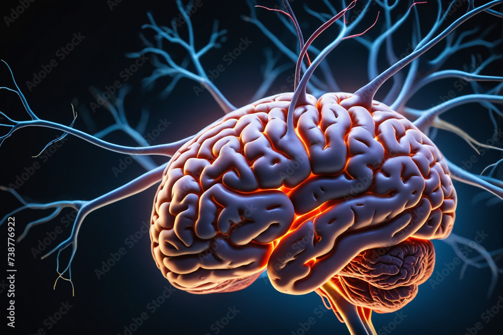 Poster Close up of human brain showing neurons firing and neural extensions - Concept for idea and brainstorming