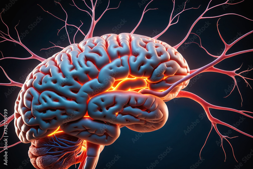 Aufkleber Close up of human brain showing neurons firing and neural extensions - Concept for idea and brainstorming