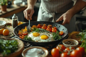 A woman skillfully prepares a delicious lunch of sautéed vegetables and eggs in a pan, using fresh ingredients and elegant tableware to create a mouthwatering meal bursting with flavor and nourishmen - Powered by Adobe