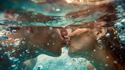 Fototapeta na wymiar A couple kissing in the water