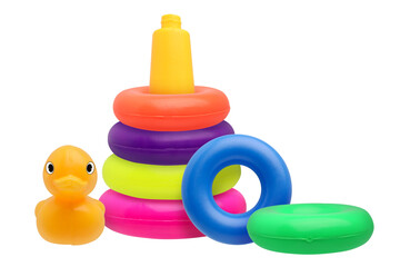 Colorful plastic toy pyramid for kids on transparent background png