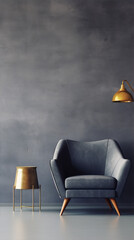 Blue armchair and golden floor lamp with flower pot by concrete wall