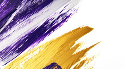 a close-up view of abstract brush strokes with purple and gold colors on white background