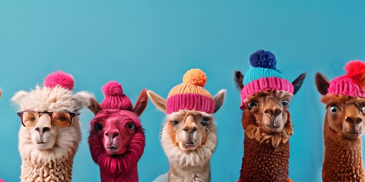 Llamas with hats of different colors. The concept of diversity and individuality.