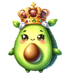 Playful watercolor artwork featuring a cartoon avocado adorned with a majestic crown, portraying the essence of royalty as "Avocado King."