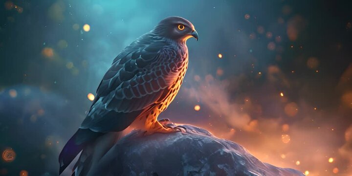 Falcon against a fiery sky background. The concept of power and freedom.