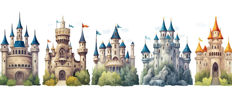  magic castle. Fairy tale Castle Illustration. Isolated on white background.	