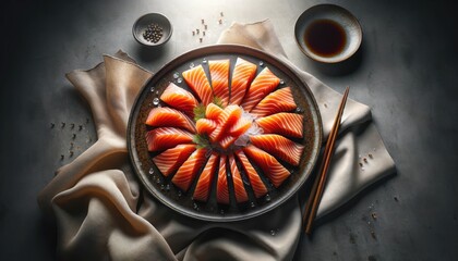 Vue aérienne de sashimi de saumon arrangé en cercle, avec accessoires - obrazy, fototapety, plakaty
