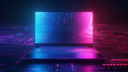 laptop emitting vibrant neon green and purple lights, surrounded by floating holographic interfaces and futuristic data streams.