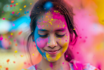 portrait of young beautiful girl playing holi and smiling celebrating festival of colors