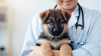 veterinarian doctor holding a shepherd puppy in his arms, veterinary medicine concept