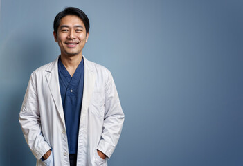 Smiling asian man physician in a white coat on blue background.